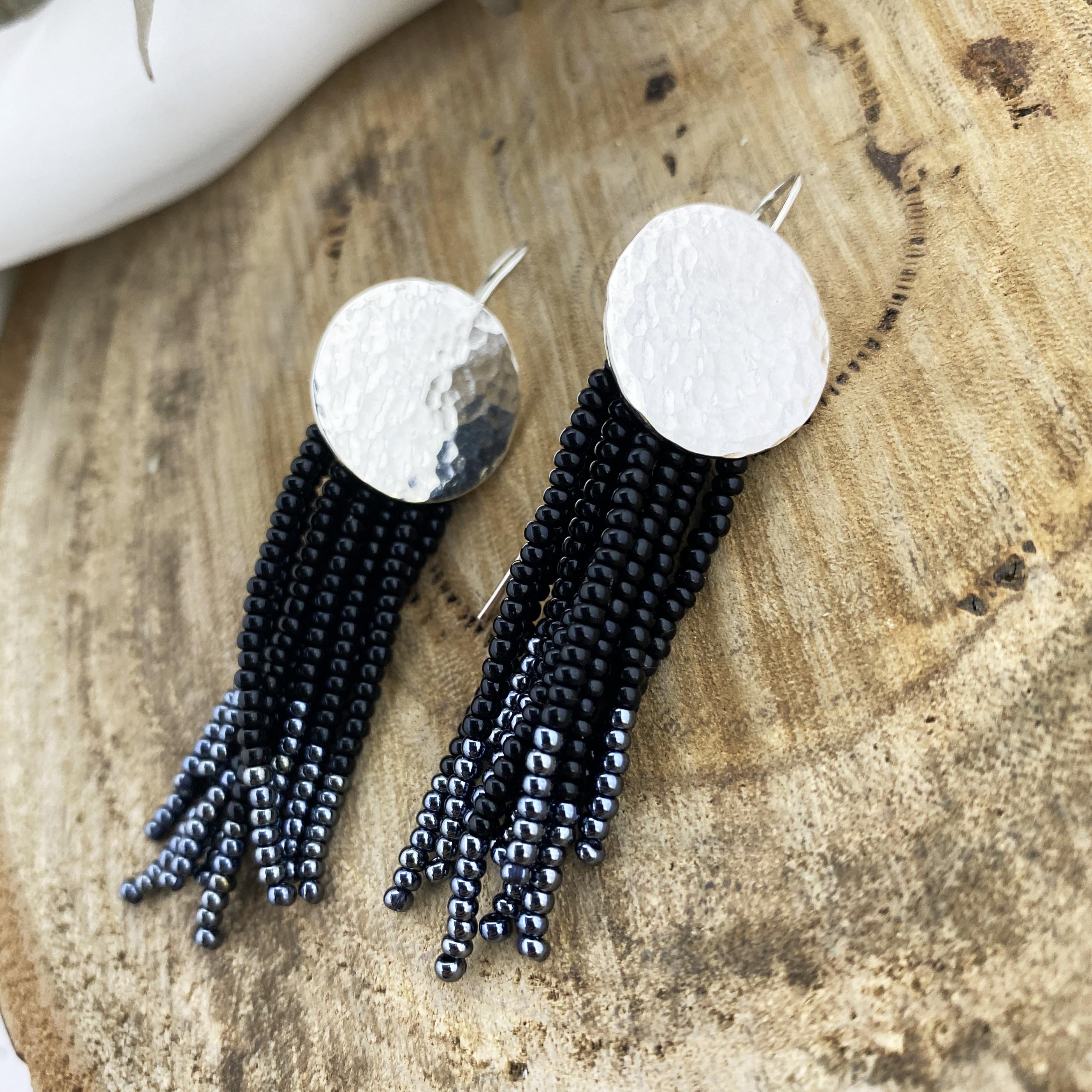 Silver Circle with Black Beaded Fringe Earrings – Designs by Leisha