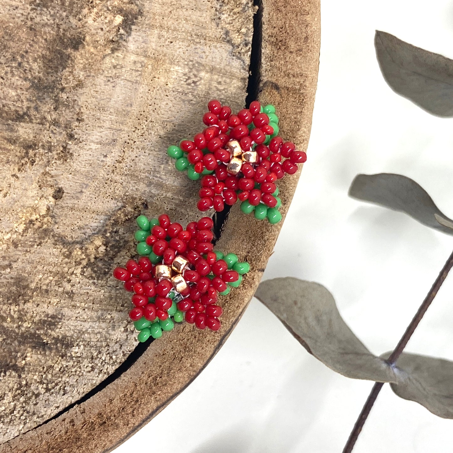 Beaded Poinsettia Flower Stud Earrings