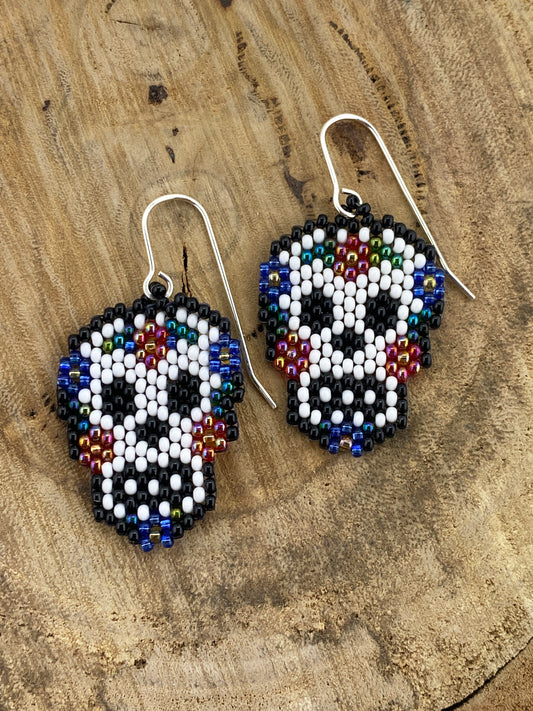 Skull with Flowers Beaded Earrings