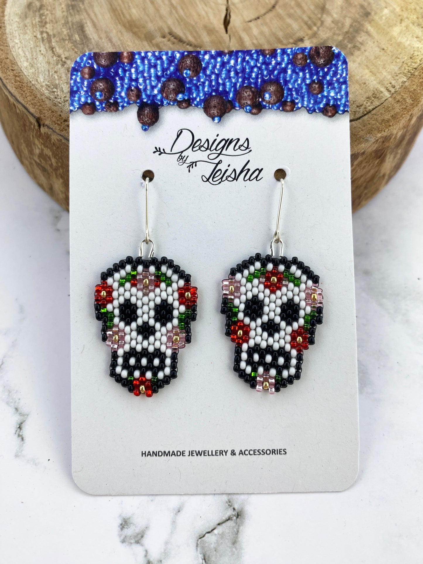 Skull with Flowers Beaded Earrings