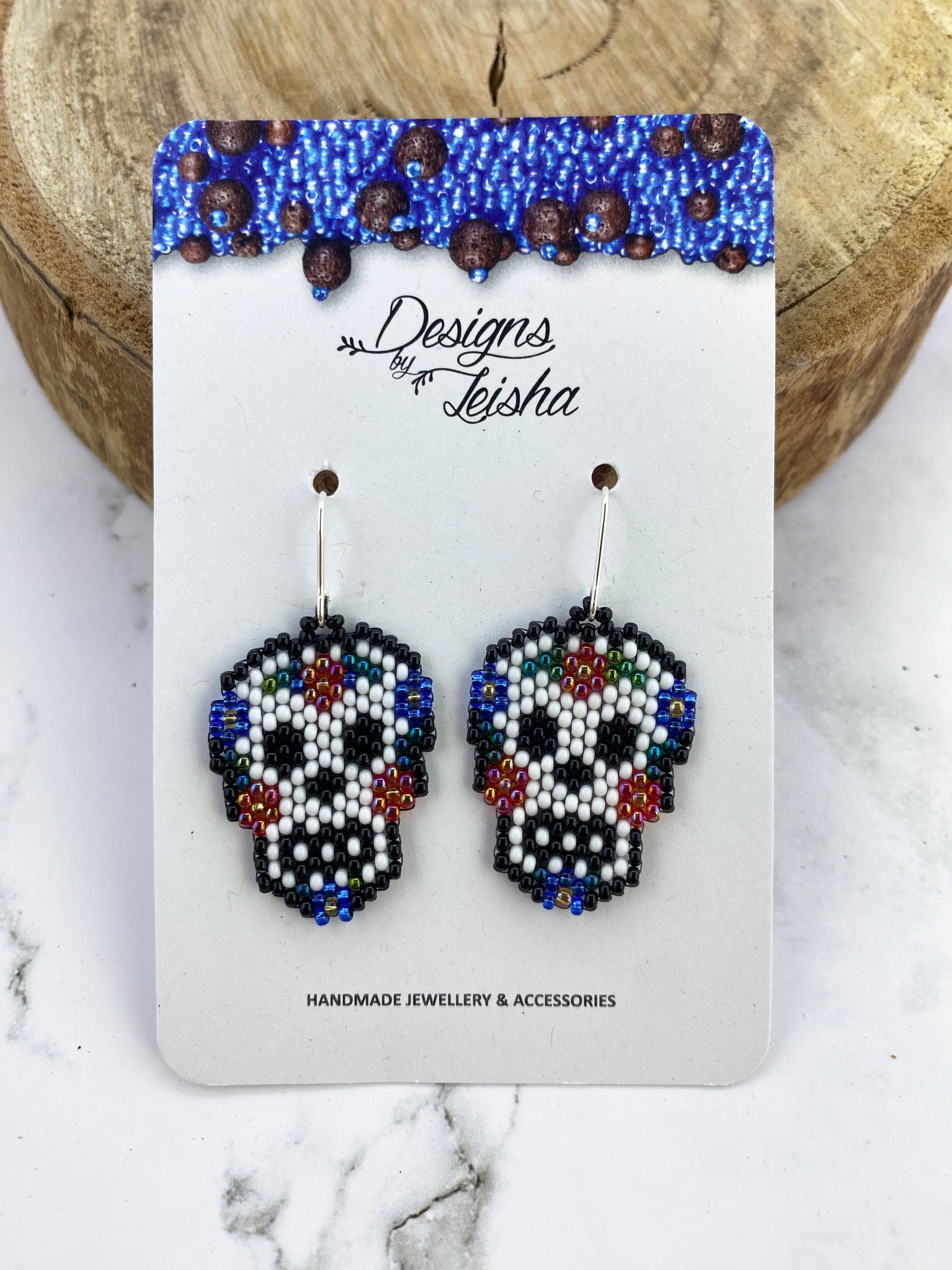 Skull with Flowers Beaded Earrings