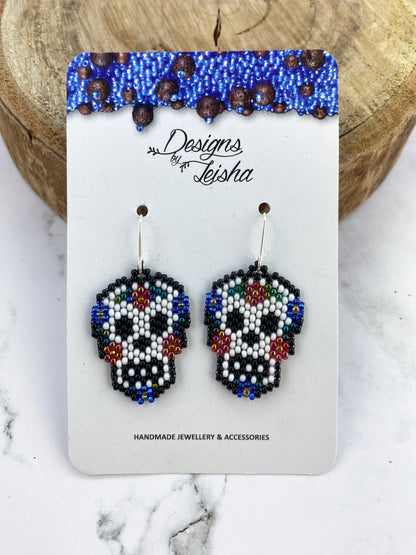 Skull with Flowers Beaded Earrings