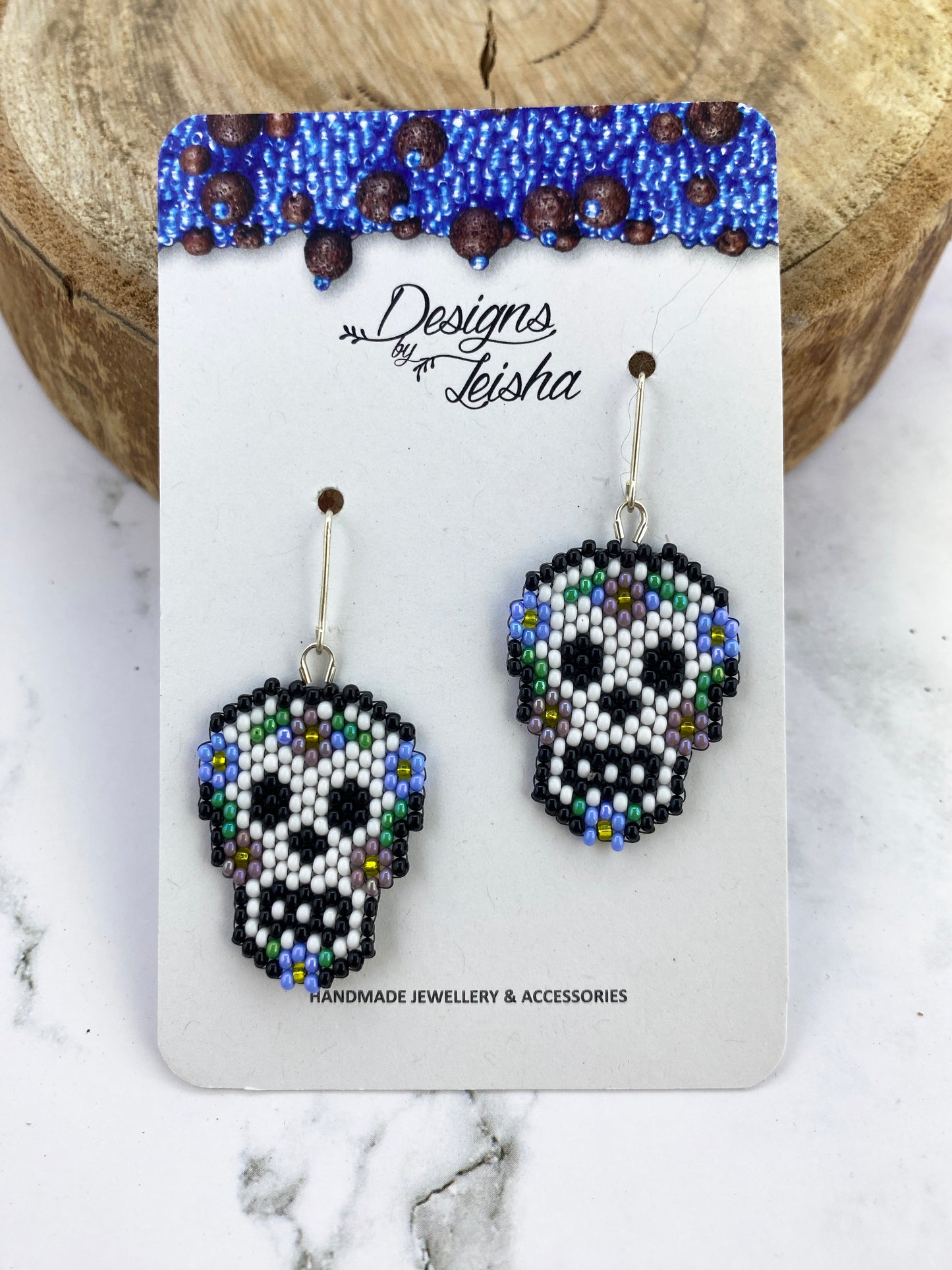 Skull with Flowers Beaded Earrings