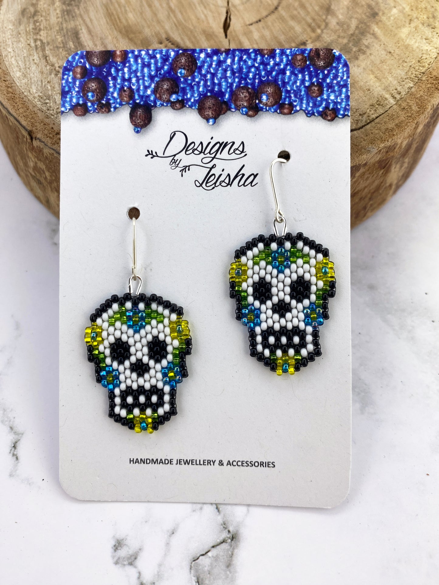 Skull with Flowers Beaded Earrings