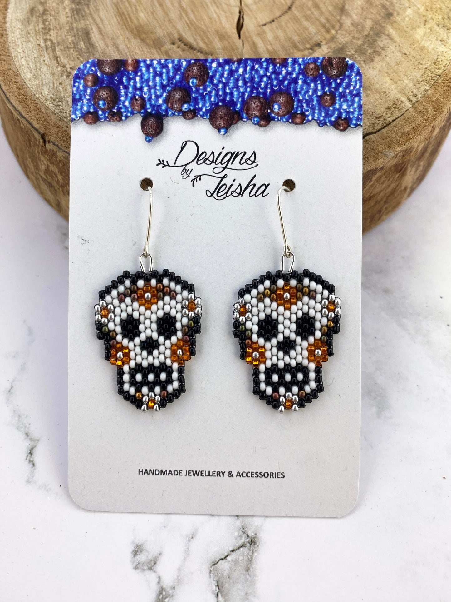 Skull with Flowers Beaded Earrings