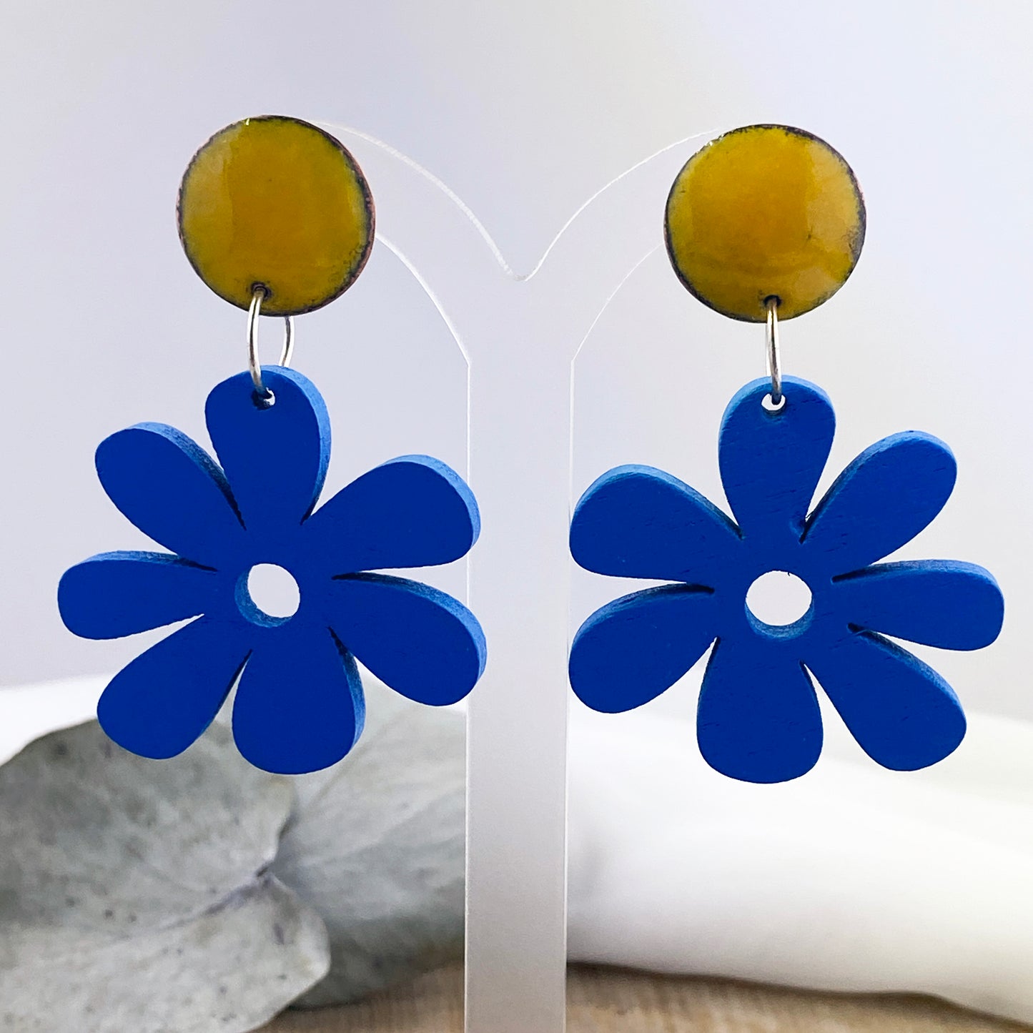 Yellow Enamel Stud Earrings with Blue Flowers