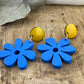 Yellow Enamel Stud Earrings with Blue Flowers