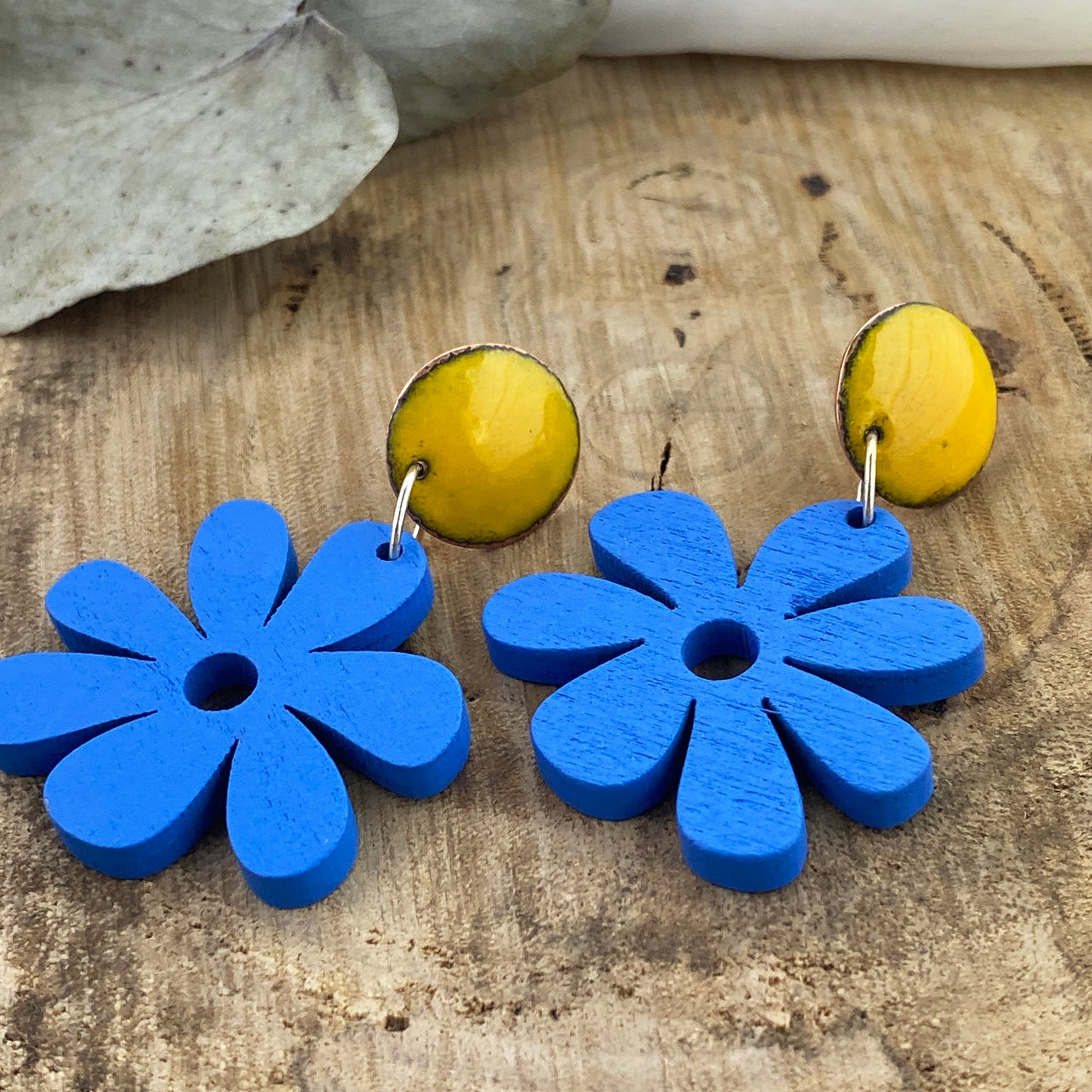 Yellow Enamel Stud Earrings with Blue Flowers