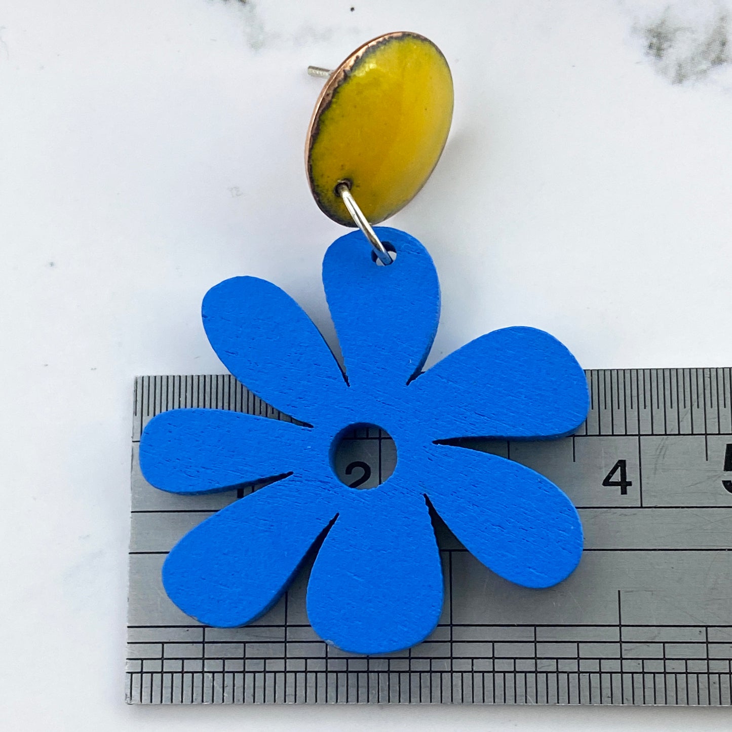 Yellow Enamel Stud Earrings with Blue Flowers