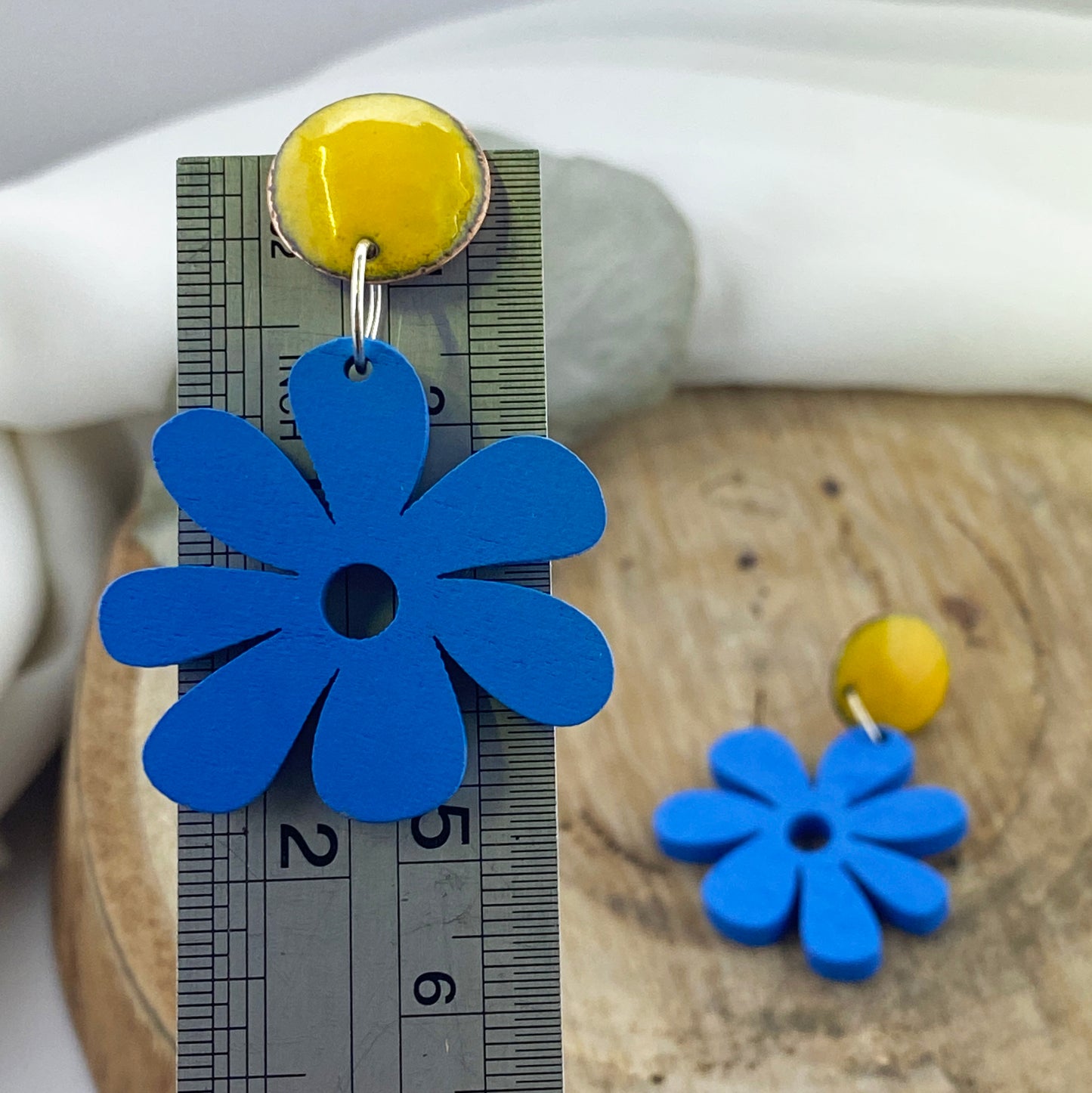 Yellow Enamel Stud Earrings with Blue Flowers