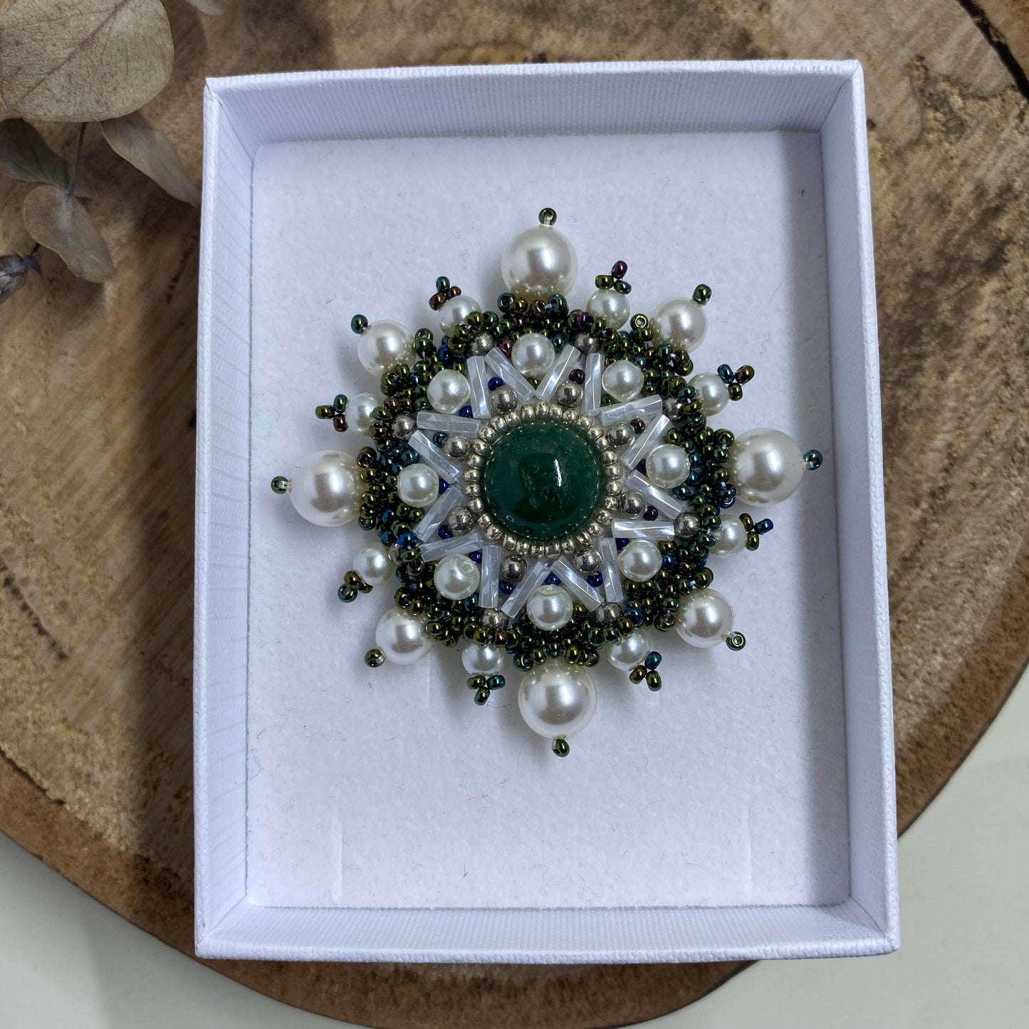 White and Green Circle Beaded Brooch