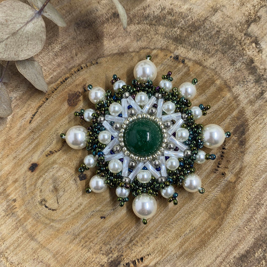 White and Green Circle Beaded Brooch