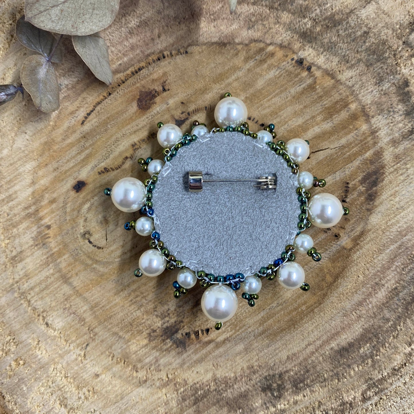 White and Green Circle Beaded Brooch