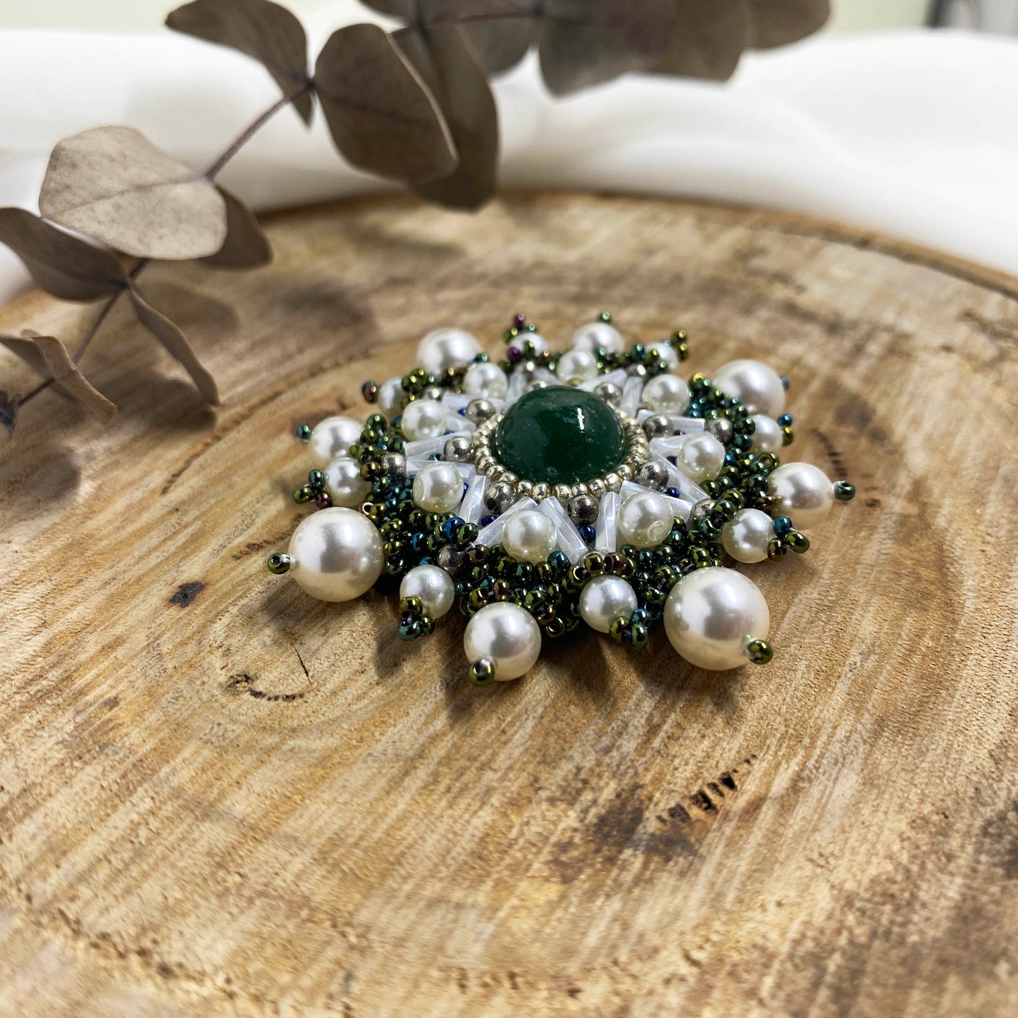 White and Green Circle Beaded Brooch