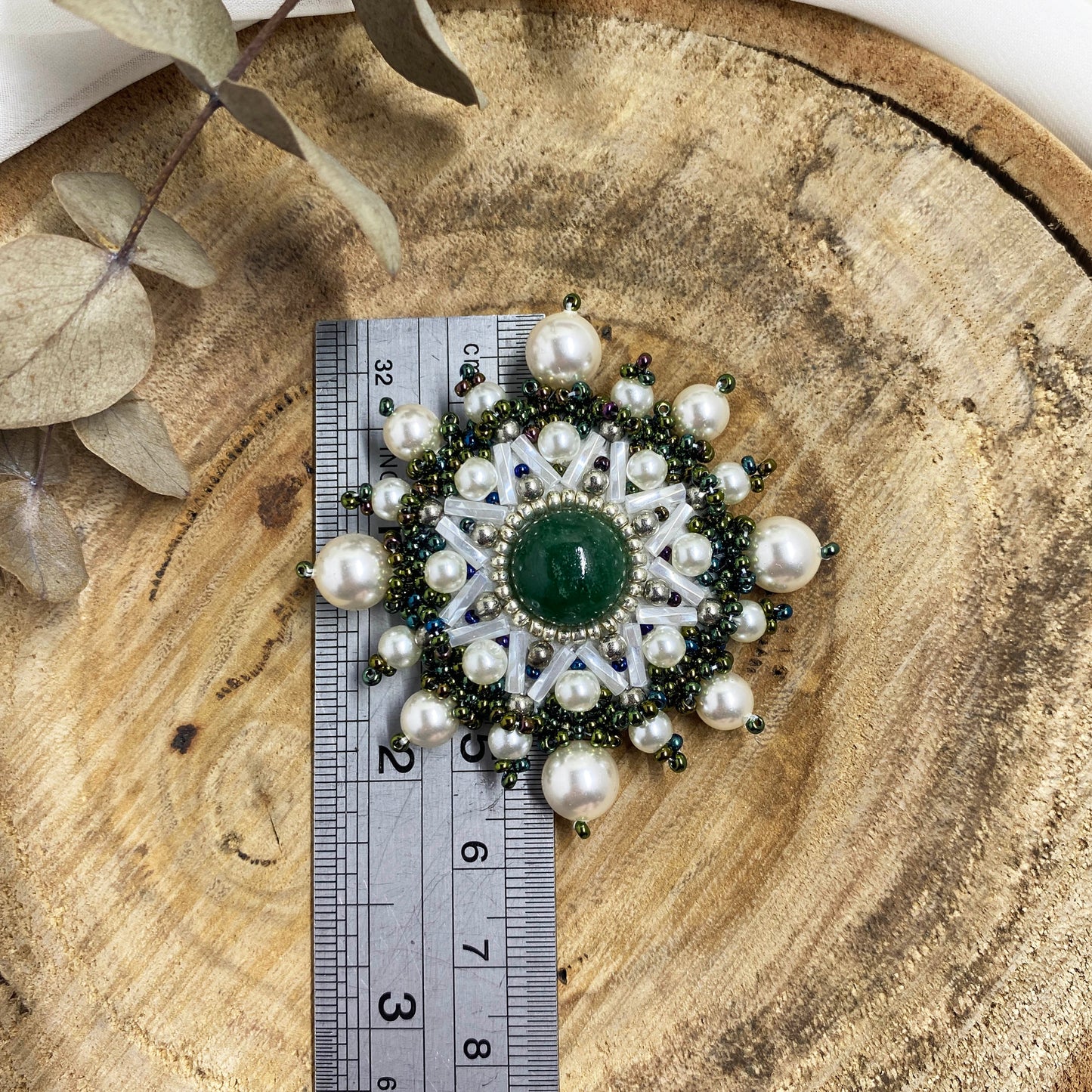 White and Green Circle Beaded Brooch