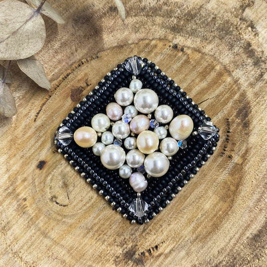 Square Pearl and Black Beaded Brooch