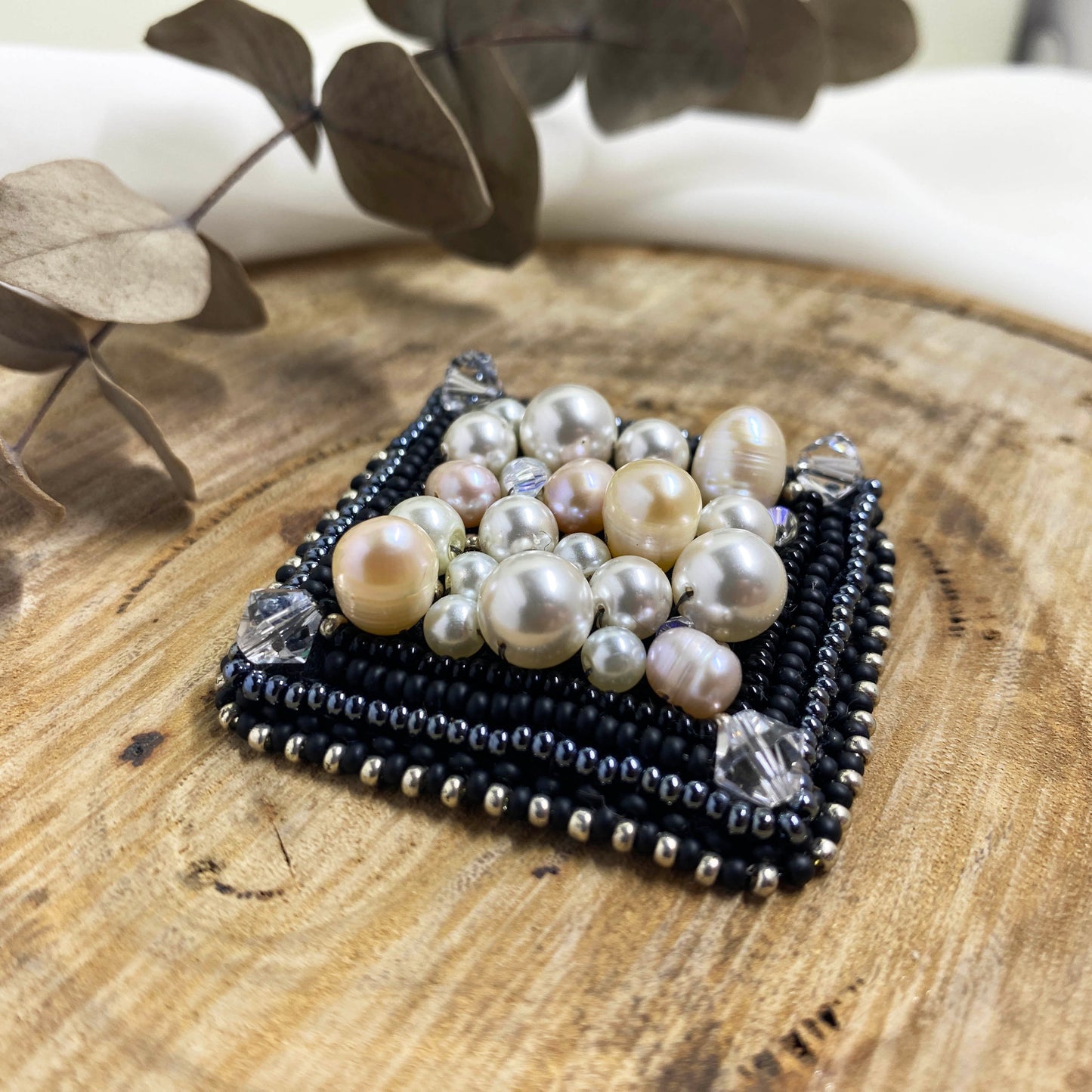 Square Pearl and Black Beaded Brooch