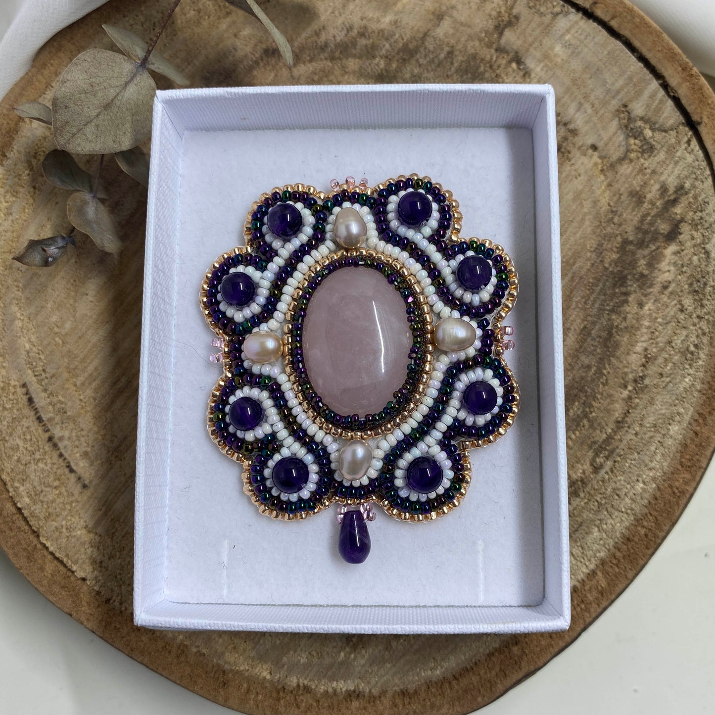 Rose Quartz and Amethyst Beaded Brooch