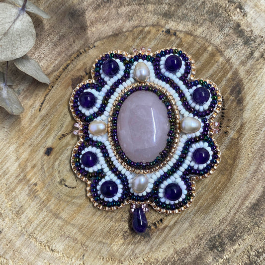 Rose Quartz and Amethyst Beaded Brooch