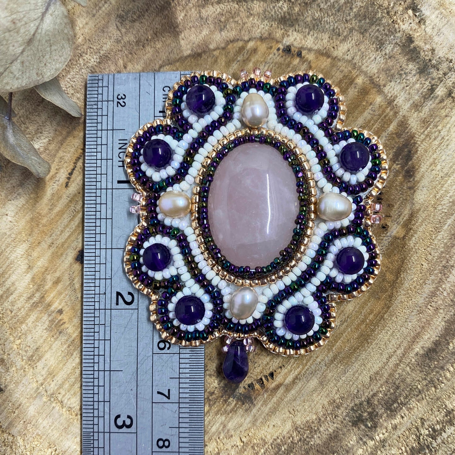 Rose Quartz and Amethyst Beaded Brooch