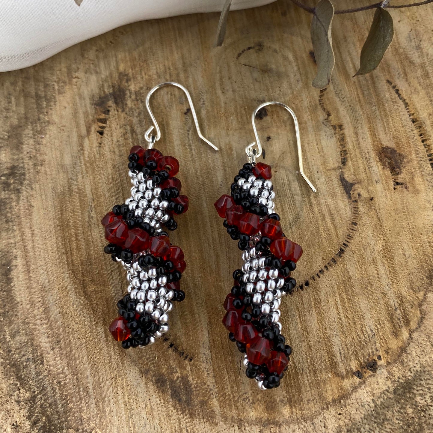 Spiral Beaded Earrings - Red, Silver & Black