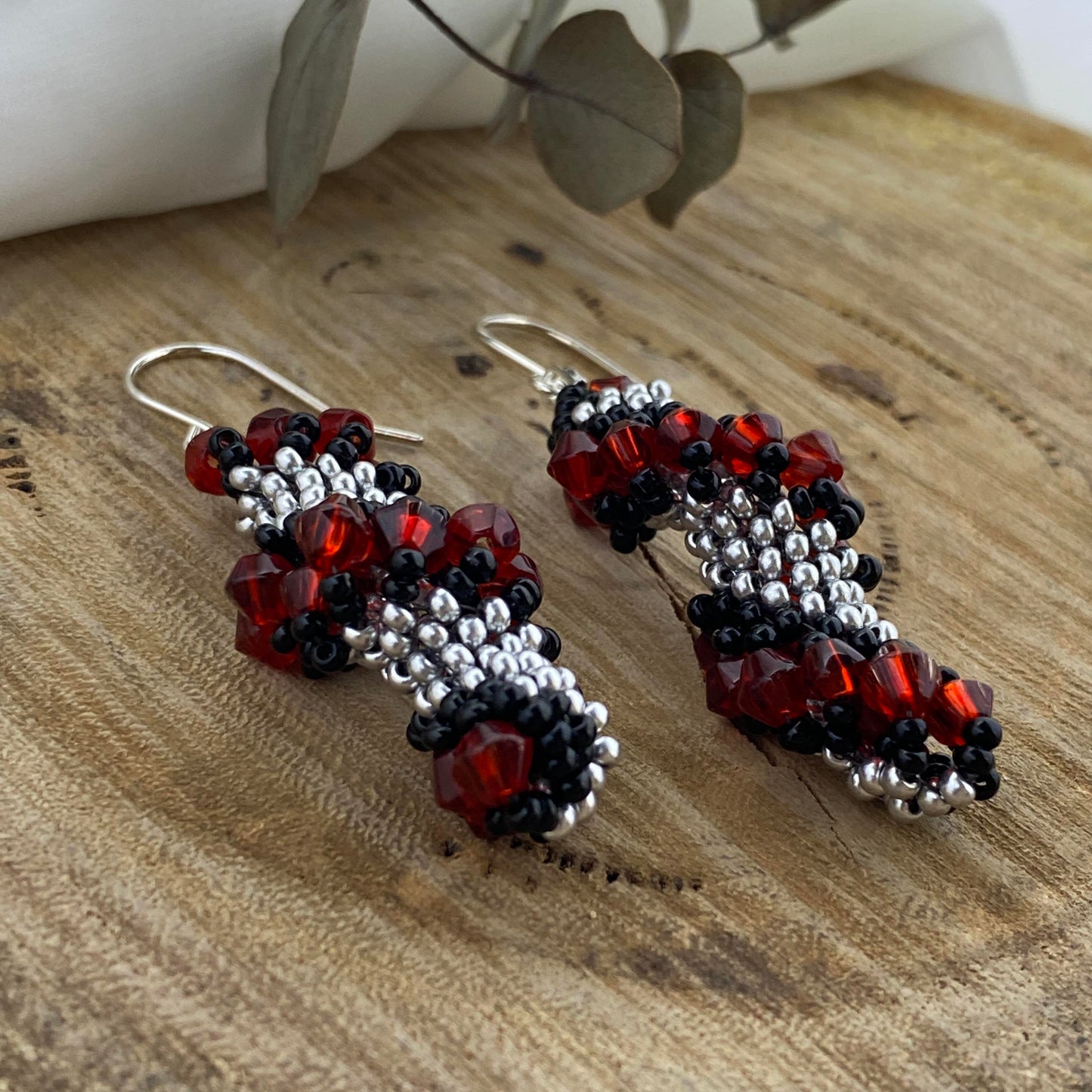 Spiral Beaded Earrings - Red, Silver & Black