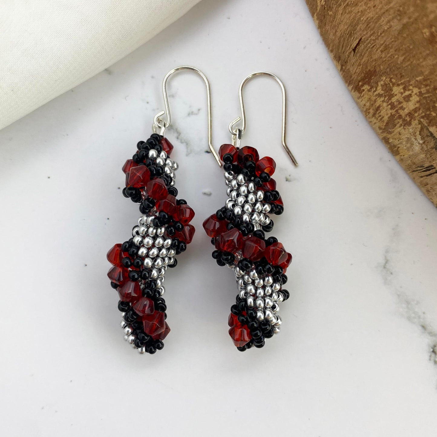 Spiral Beaded Earrings - Red, Silver & Black