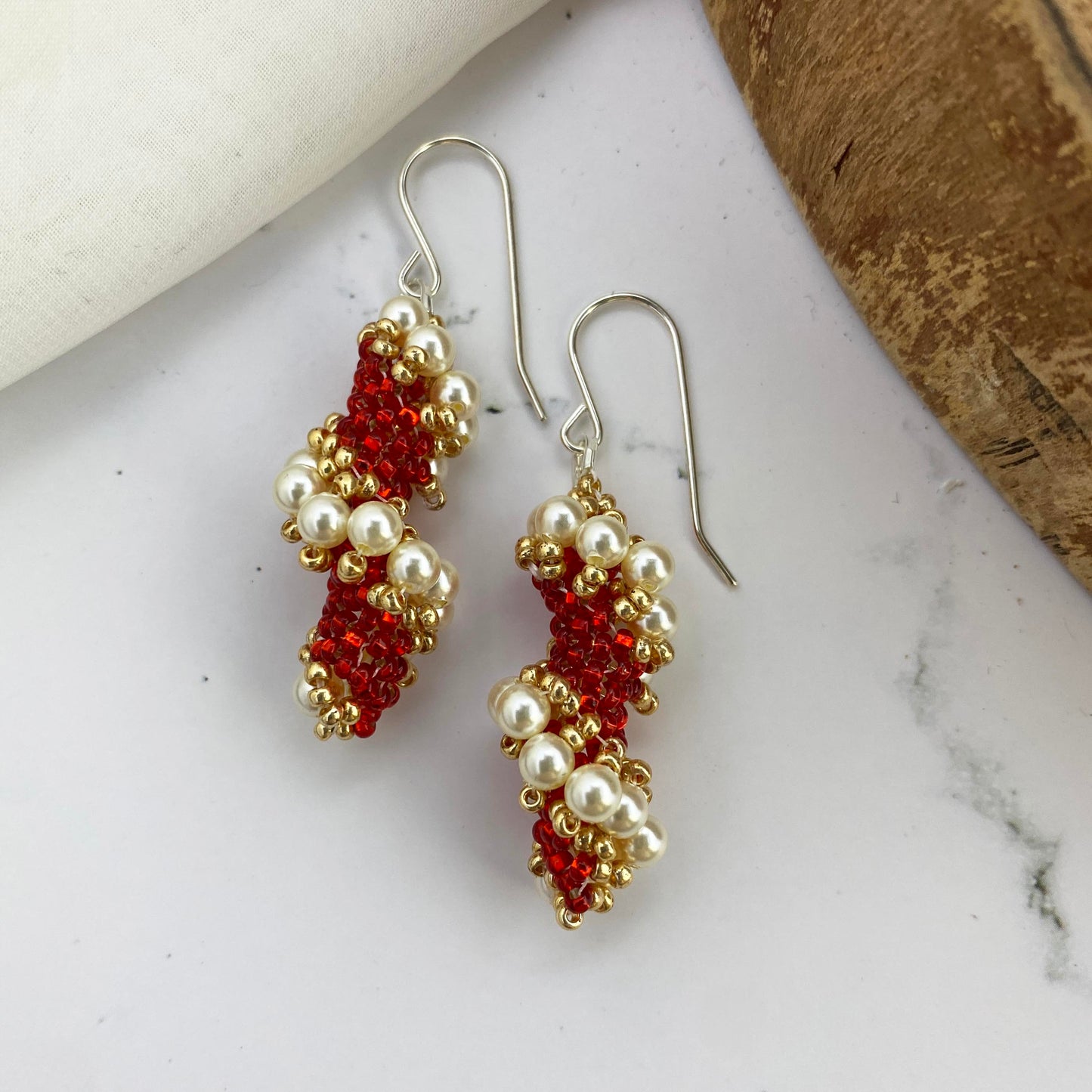 Spiral Beaded Earrings - Red & White