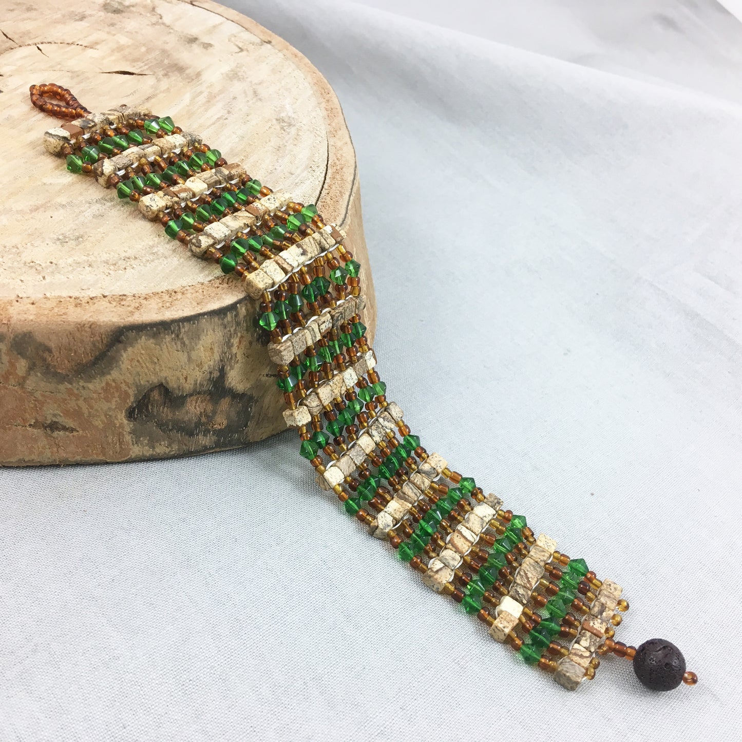 Brown and Green Square Beaded Bracelet