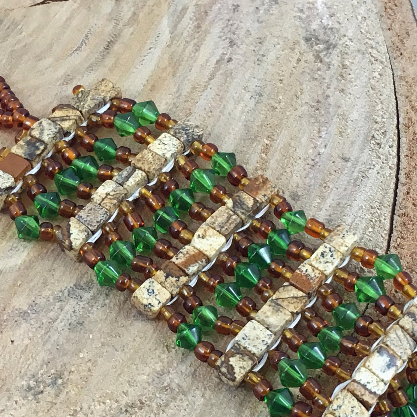 Brown and Green Square Beaded Bracelet