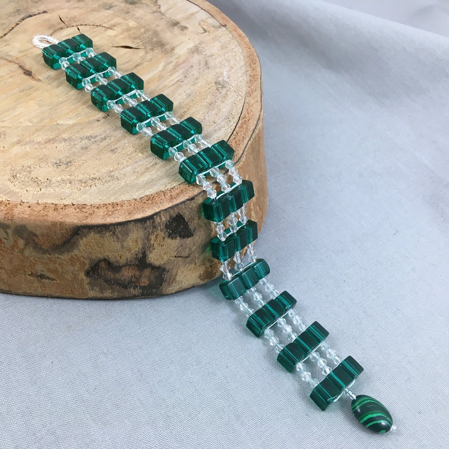 Green Square Beaded Bracelet with Clear Crystals