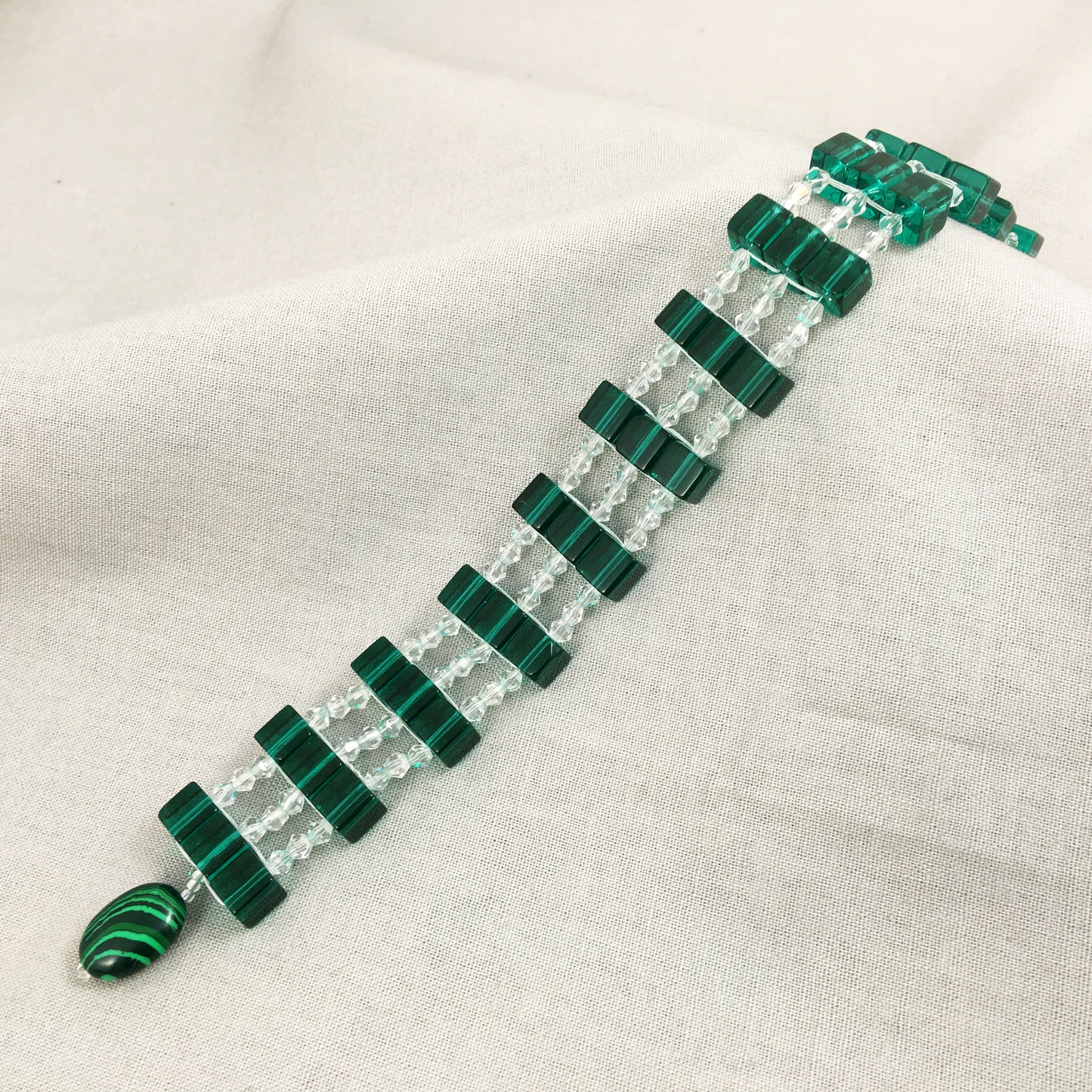 Green Square Beaded Bracelet with Clear Crystals