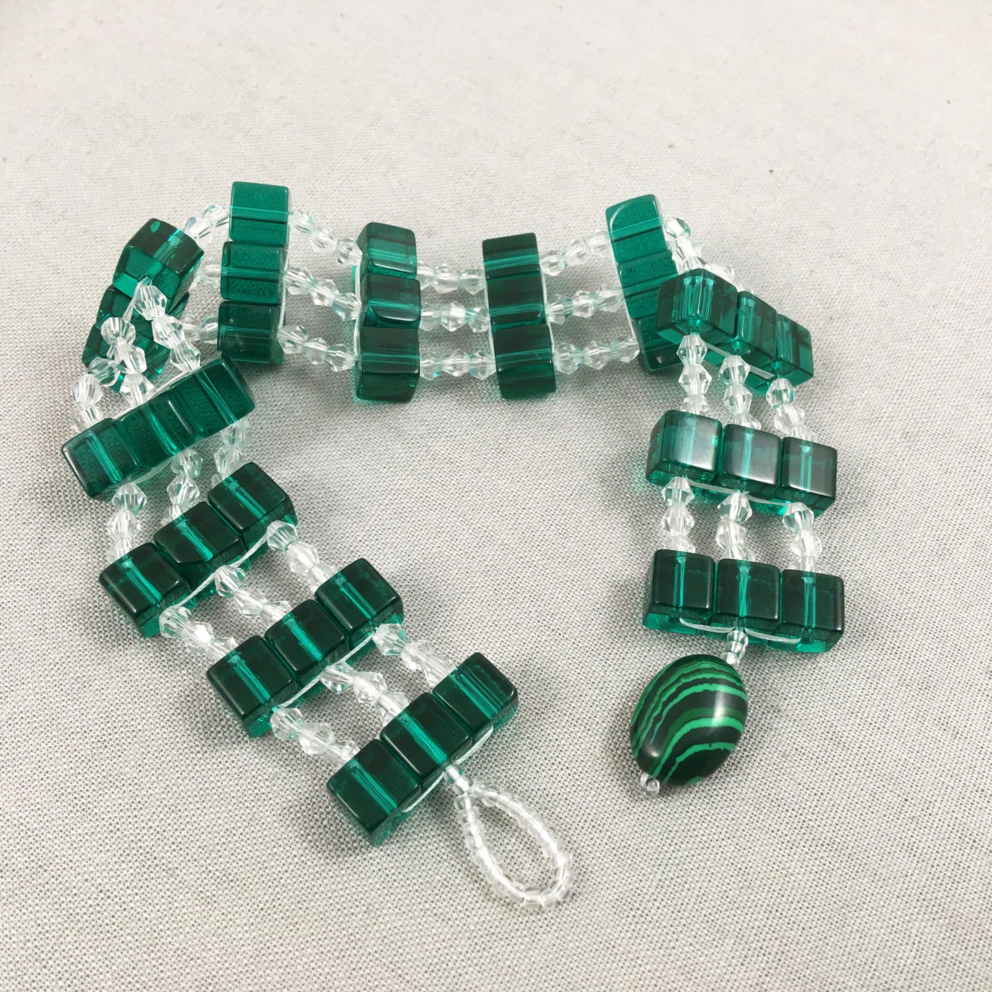 Green Square Beaded Bracelet with Clear Crystals