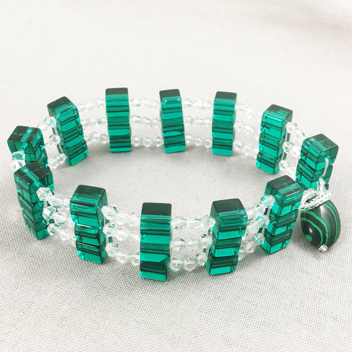 Green Square Beaded Bracelet with Clear Crystals