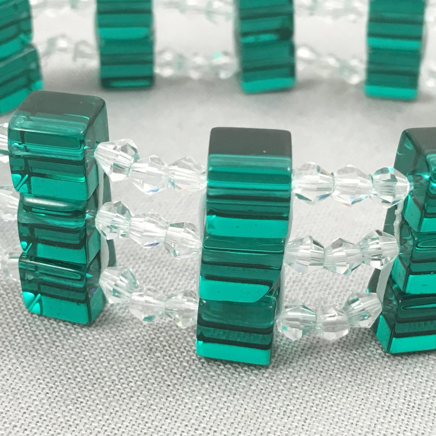 Green Square Beaded Bracelet with Clear Crystals