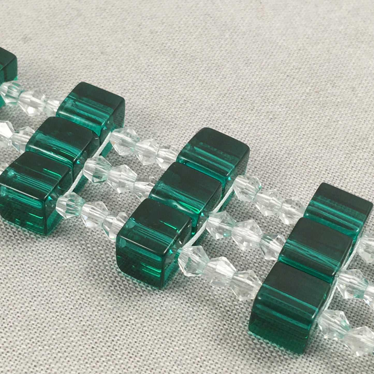 Green Square Beaded Bracelet with Clear Crystals