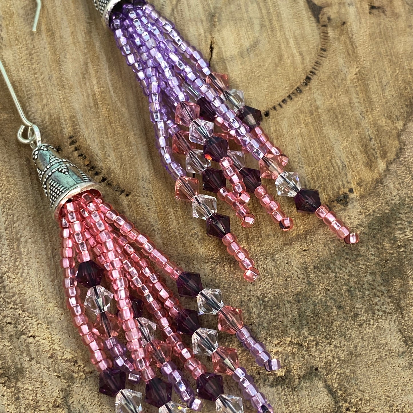 Pink and Purple Beaded Fringe Earrings