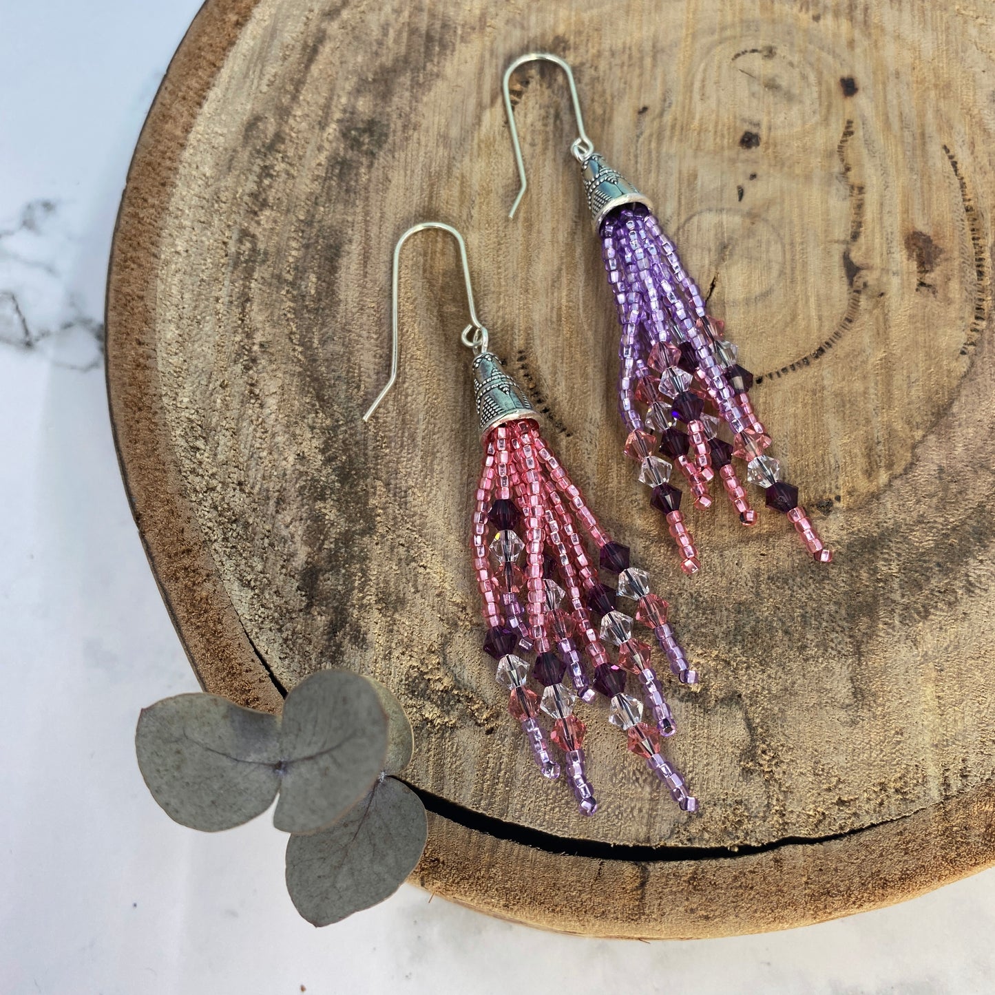 Pink and Purple Beaded Fringe Earrings