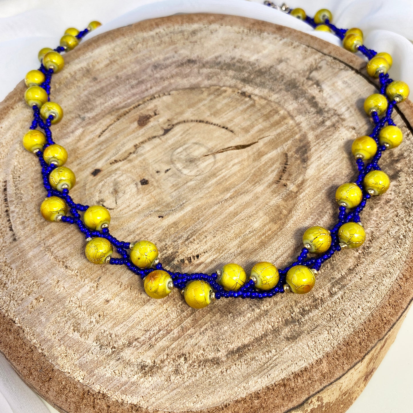 Gold and Blue Beaded Short Necklace