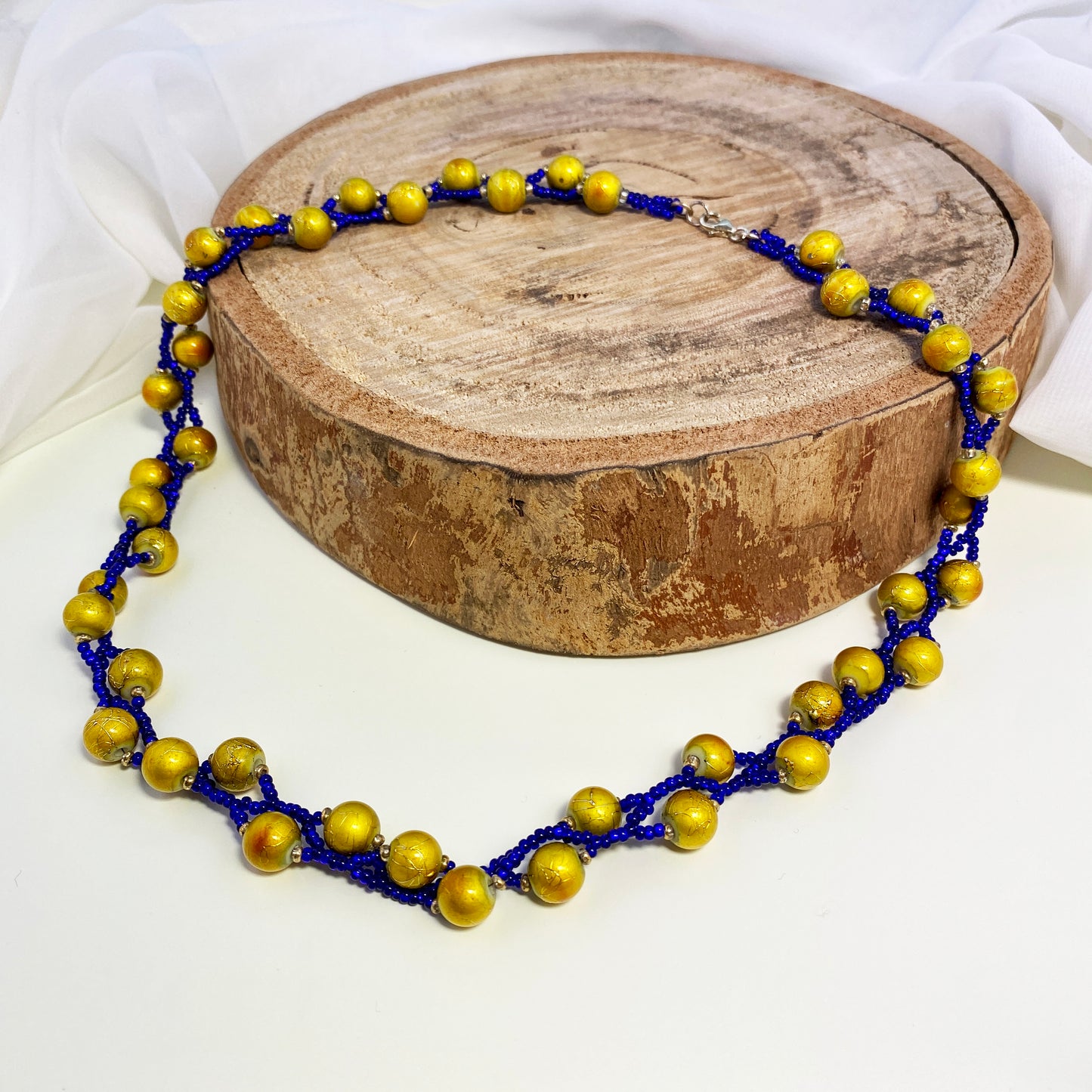 Gold and Blue Beaded Short Necklace