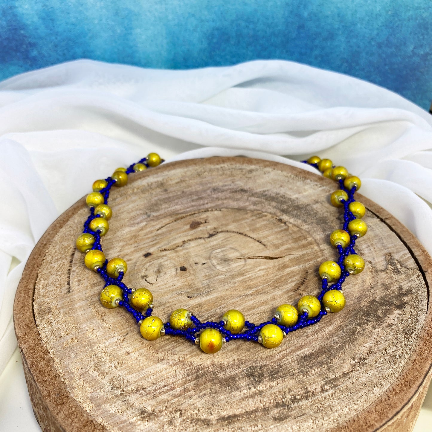 Gold and Blue Beaded Short Necklace