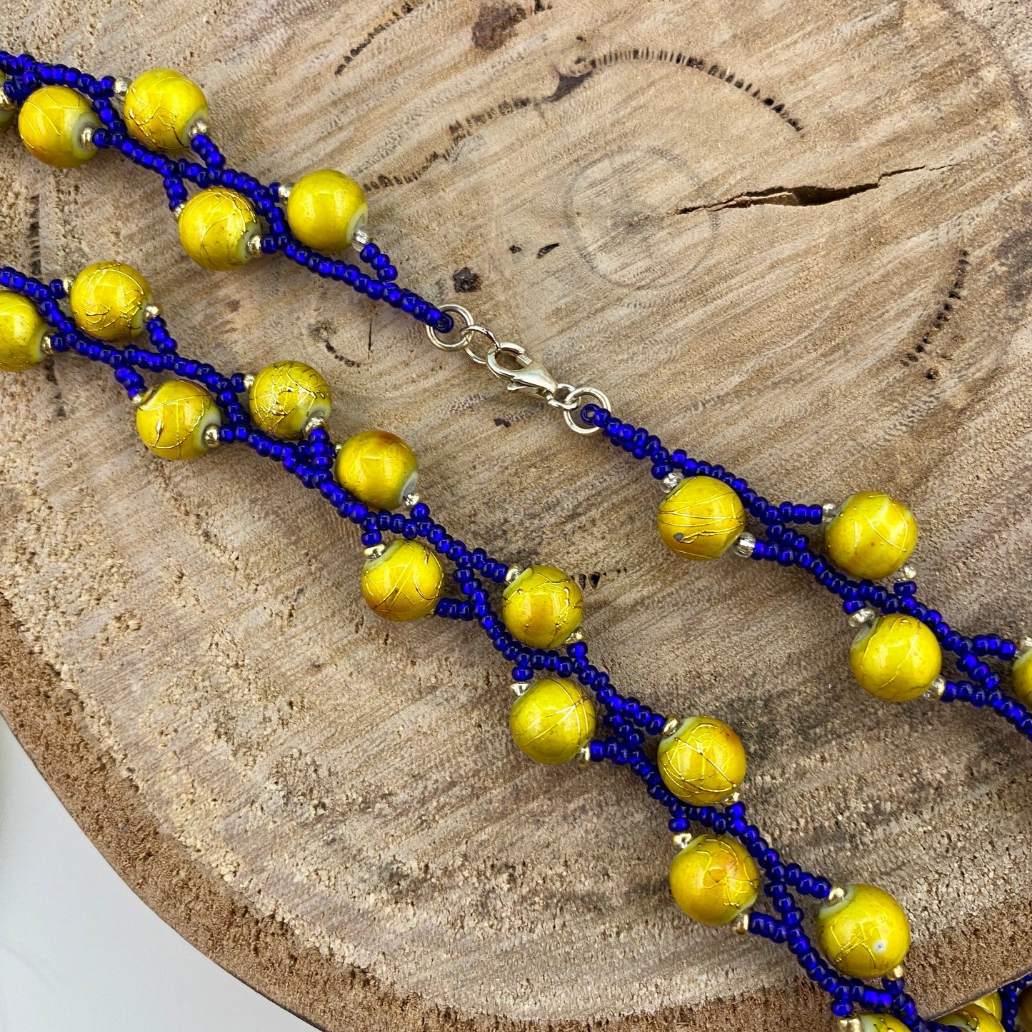 Gold and Blue Beaded Short Necklace