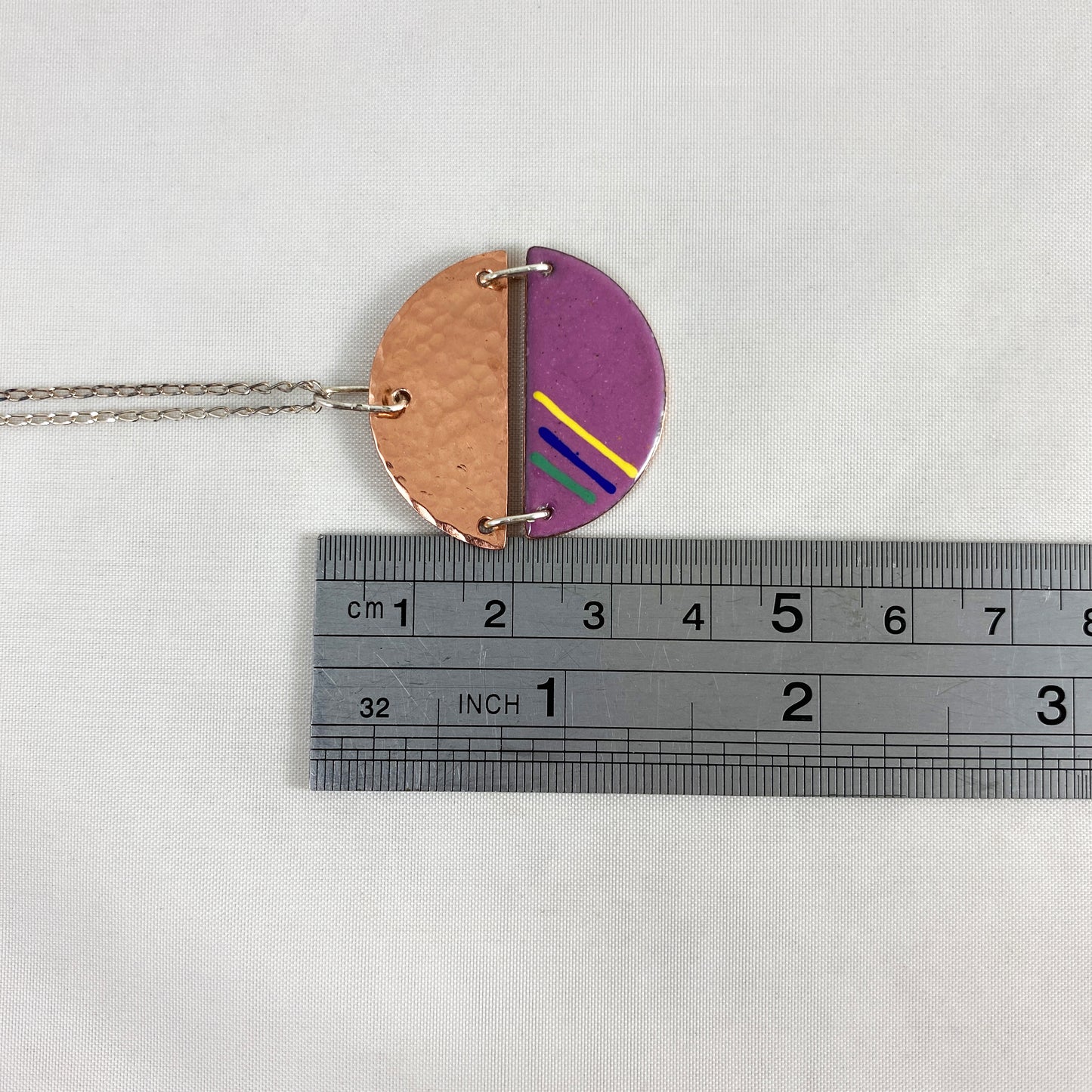 Circle Copper and Purple Enamel Pendant & silver chain