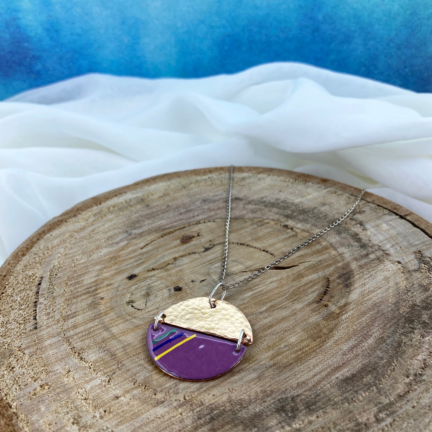 Circle Copper and Purple Enamel Pendant & silver chain