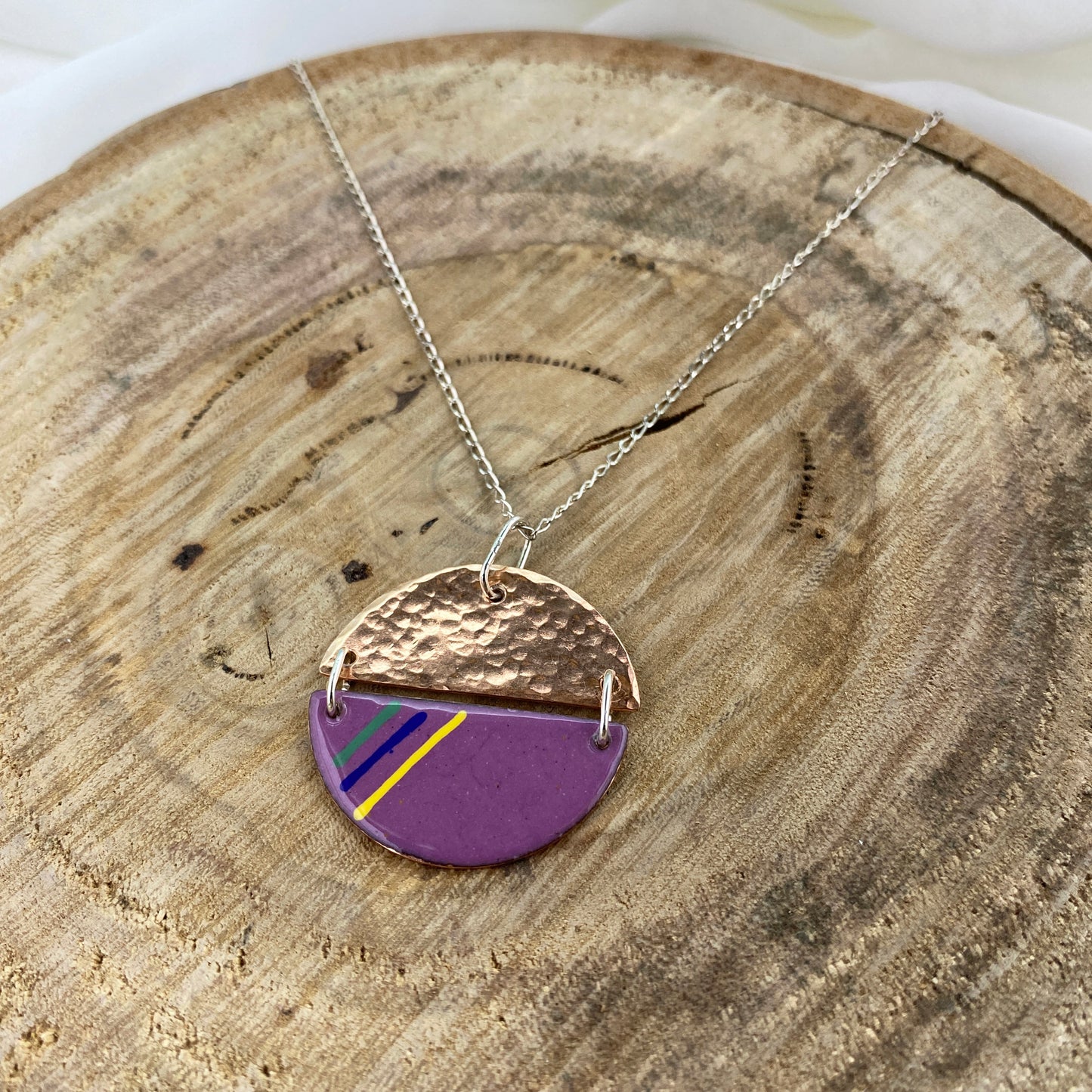 Circle Copper and Purple Enamel Pendant & silver chain