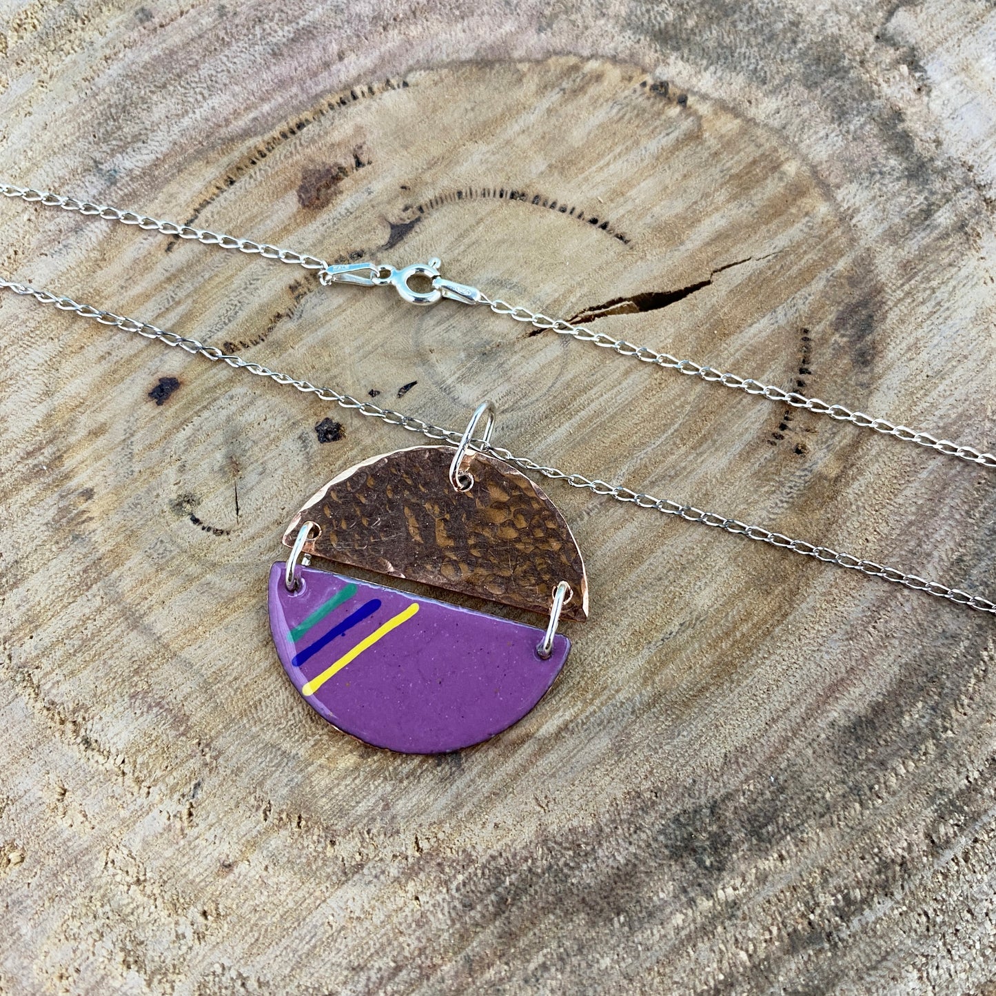 Circle Copper and Purple Enamel Pendant & silver chain