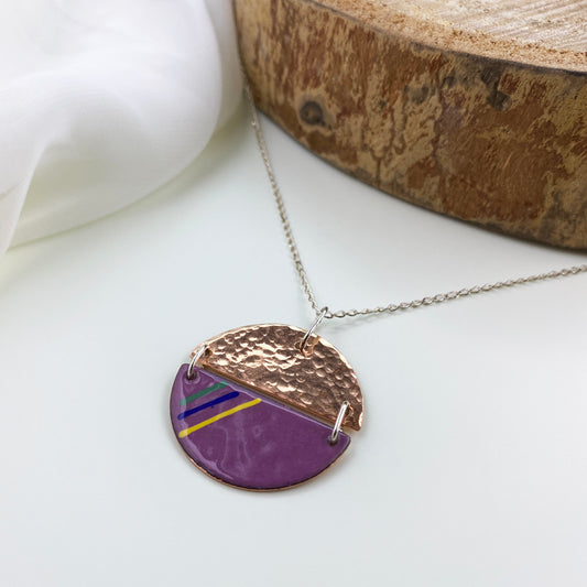 Circle Copper and Purple Enamel Pendant & silver chain