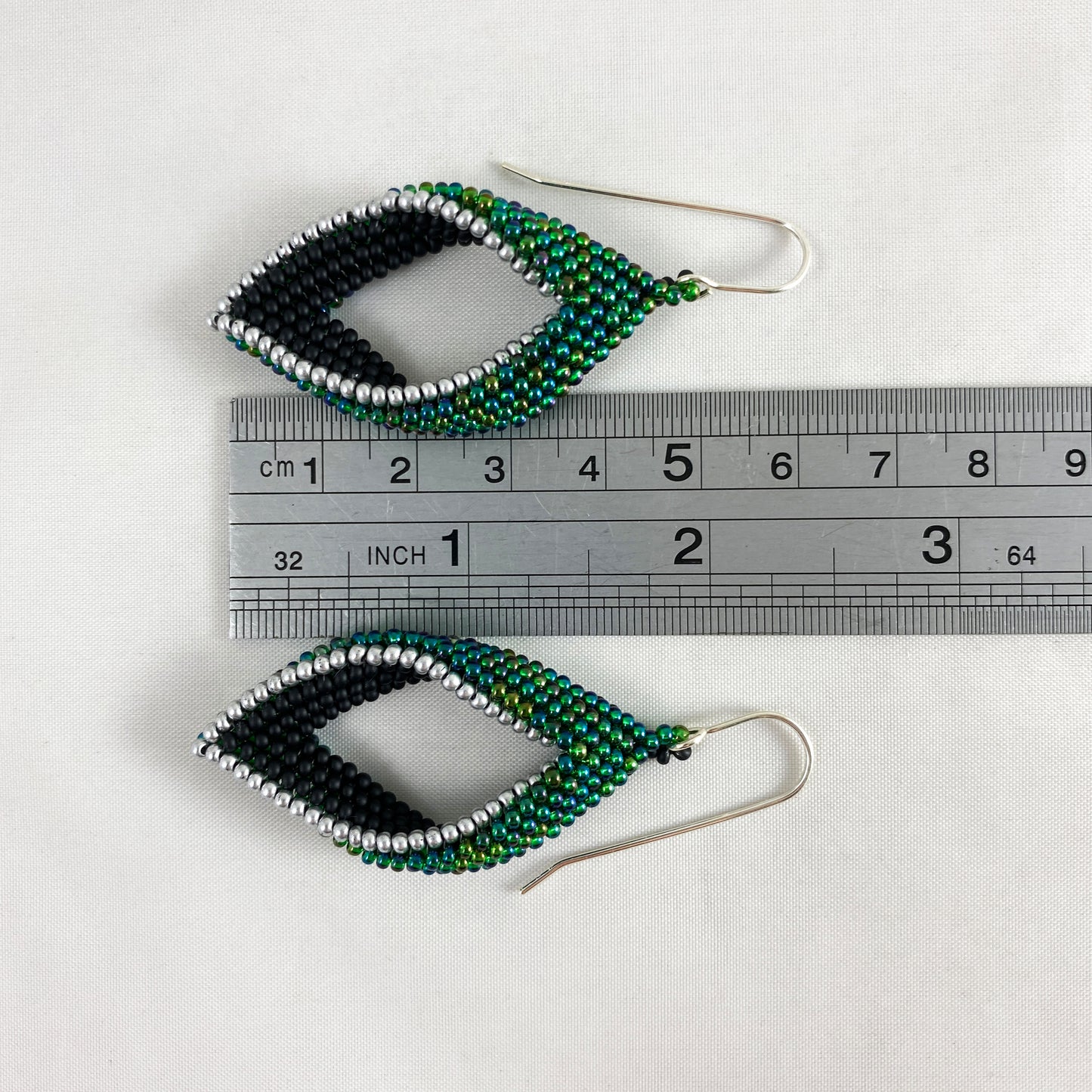 Green, Black & Silver Beaded Loop Earrings