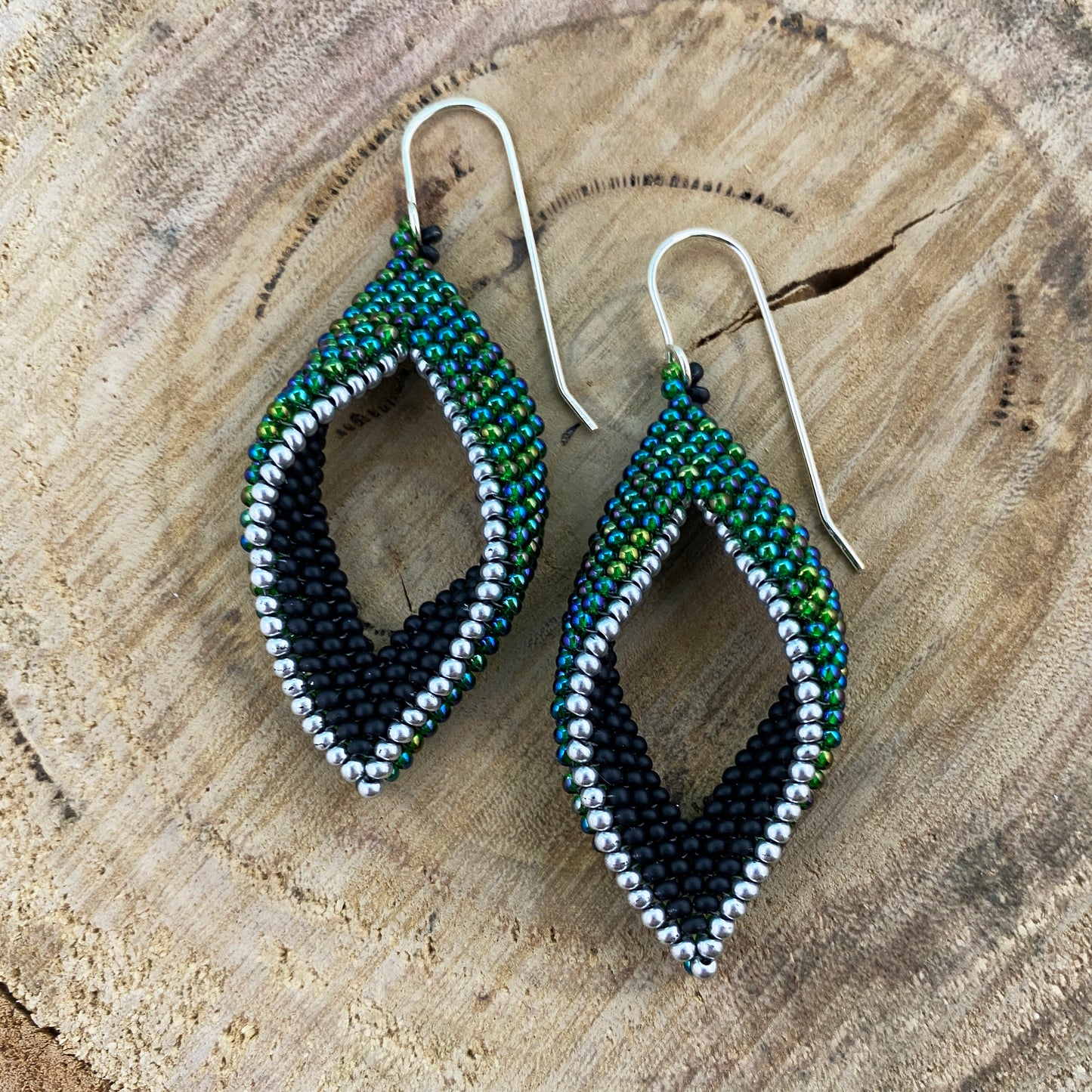 Green, Black & Silver Beaded Loop Earrings