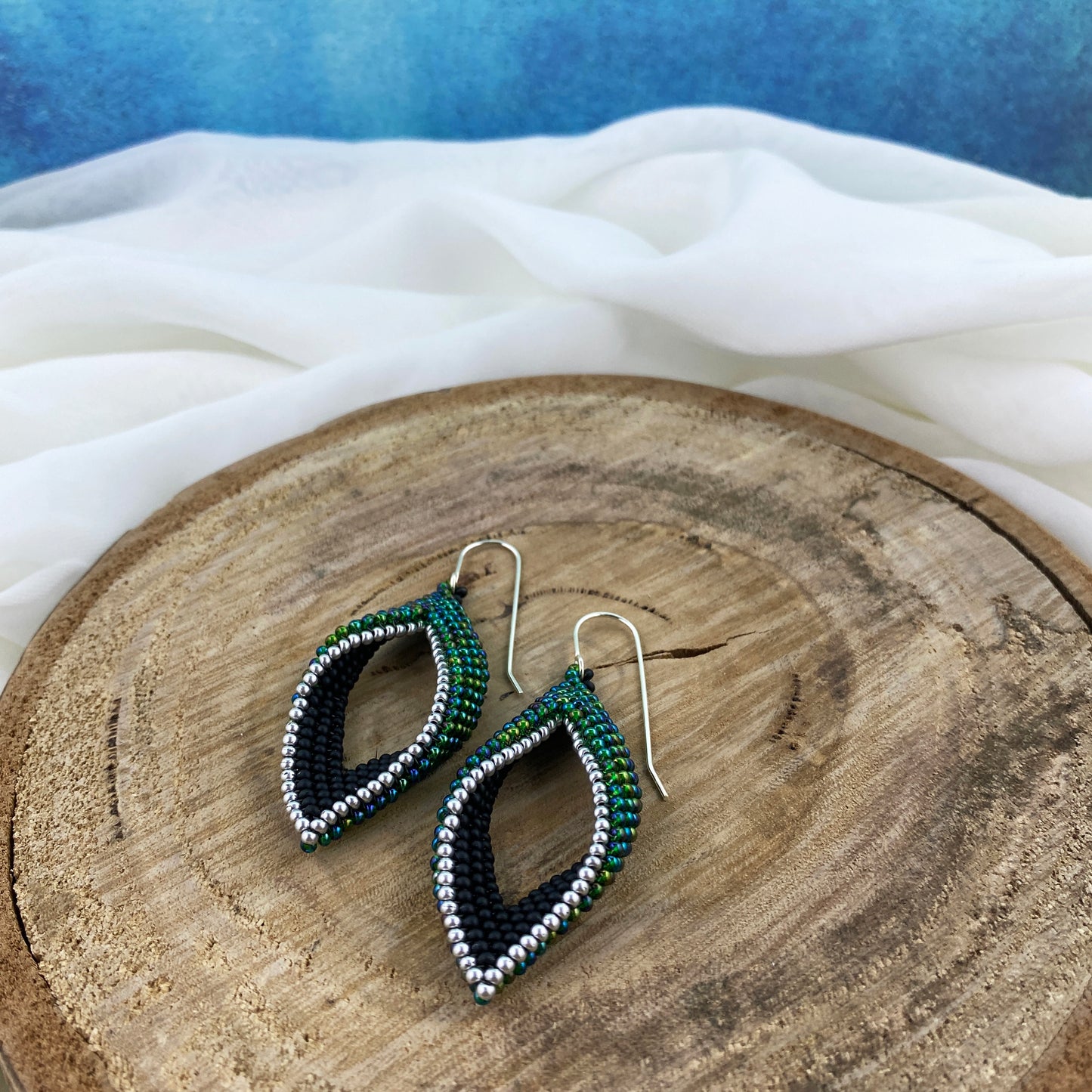 Green, Black & Silver Beaded Loop Earrings